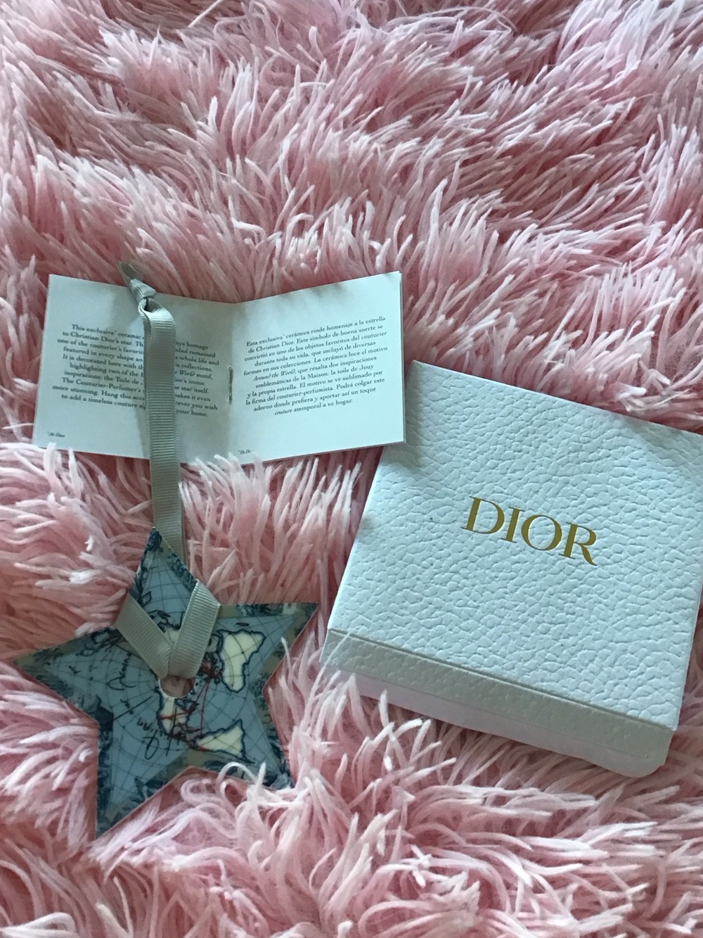 New Dior Star World Motif Christmas Ceramic Ornament in White and Blue Authentic